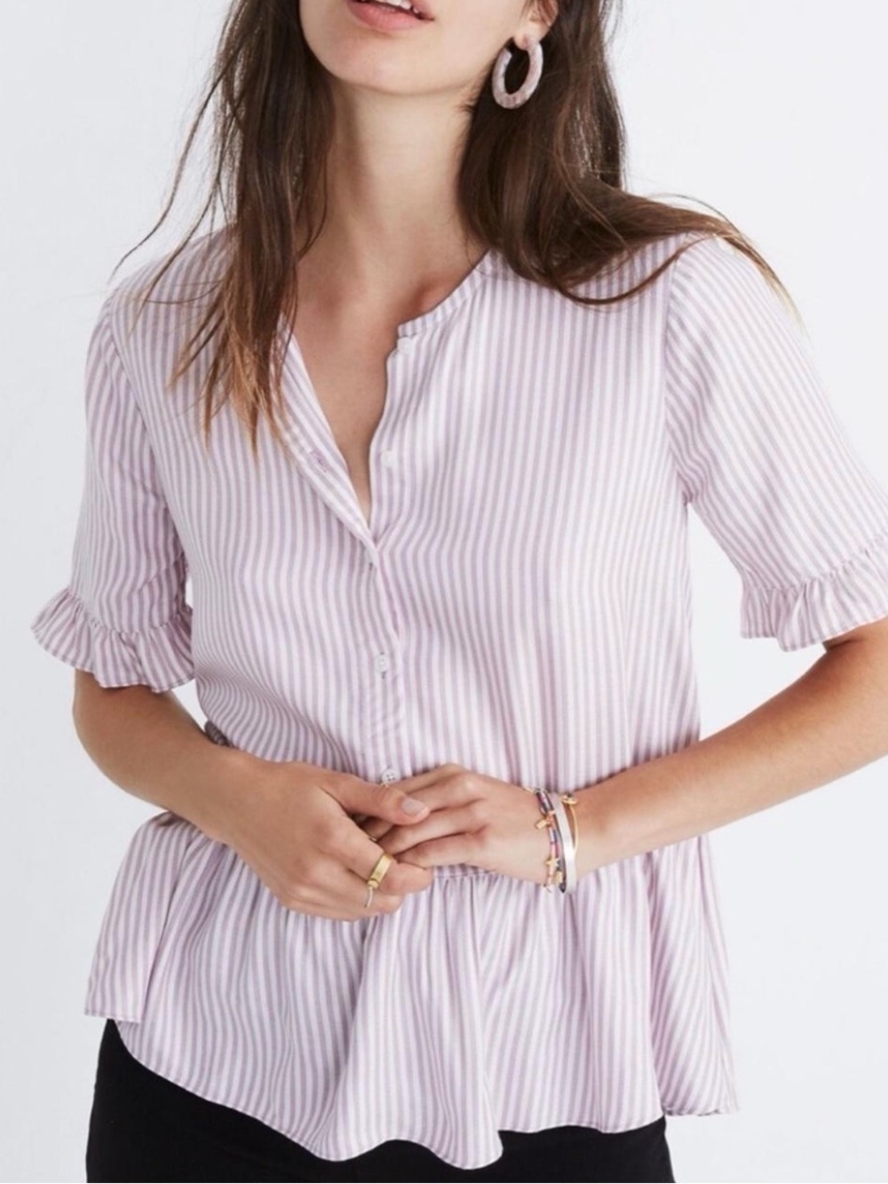 Madewell Lavender and White Striped Ruffle Peplum Blouse